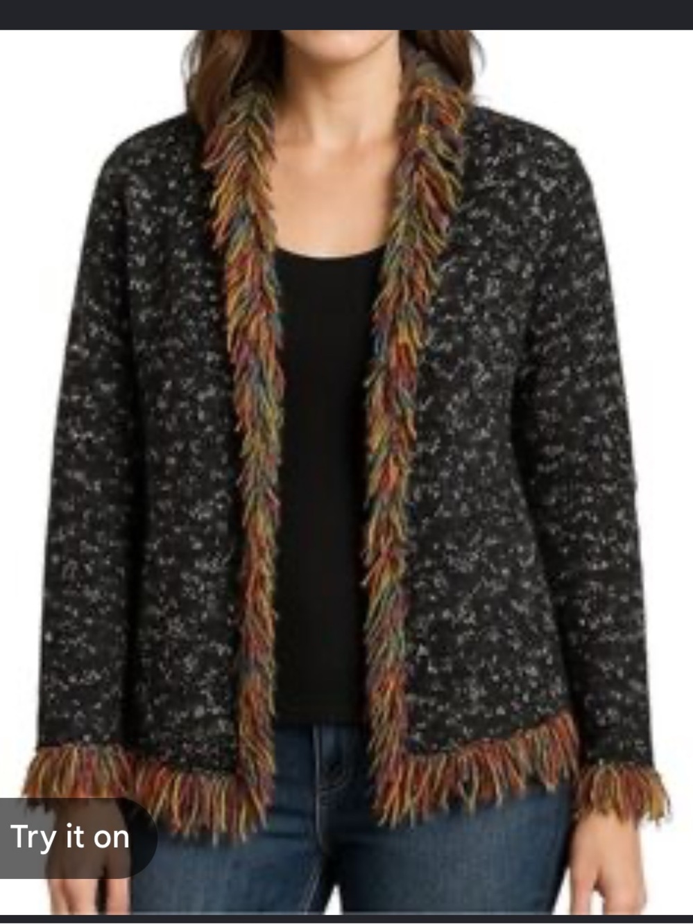 Chico's Black Marled Cardigan with Multicolor Fringe Trim size 1